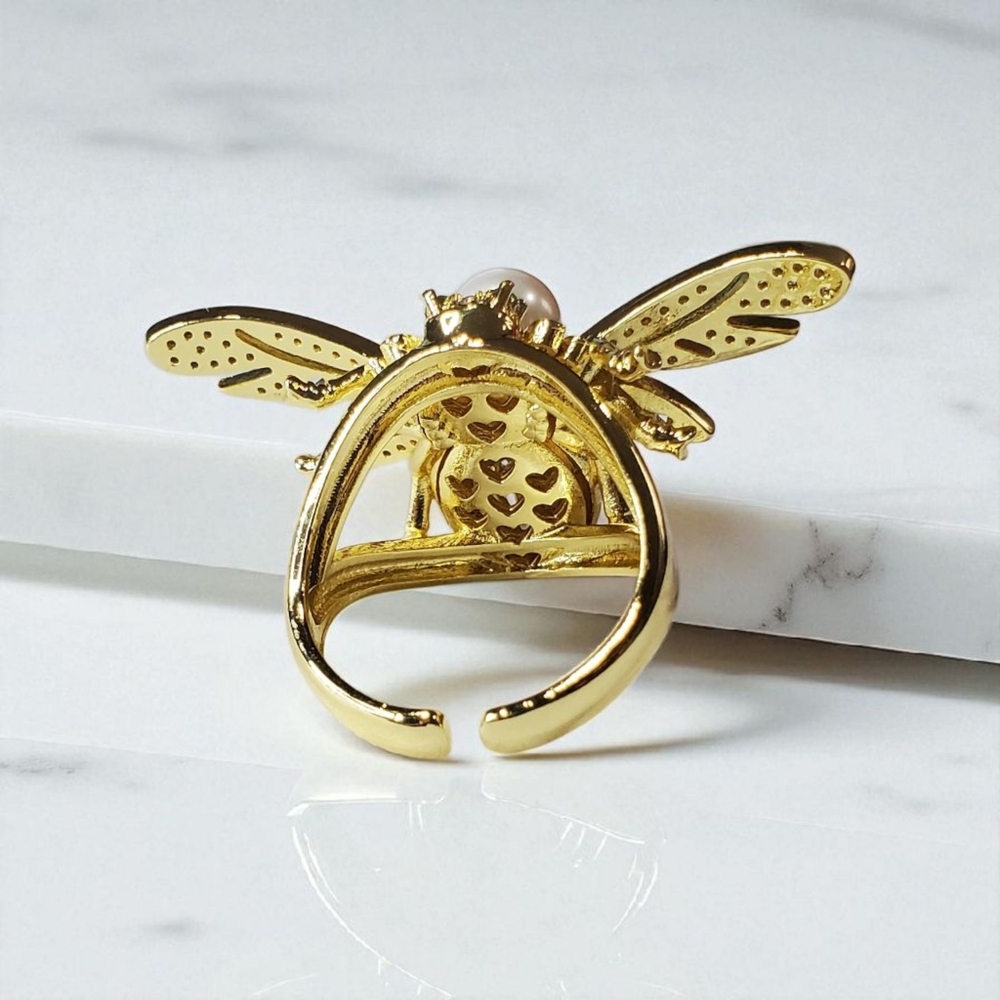 18k Gold Plated Bee Pearl Zircon Crystal Ring - Picture 4 of 4